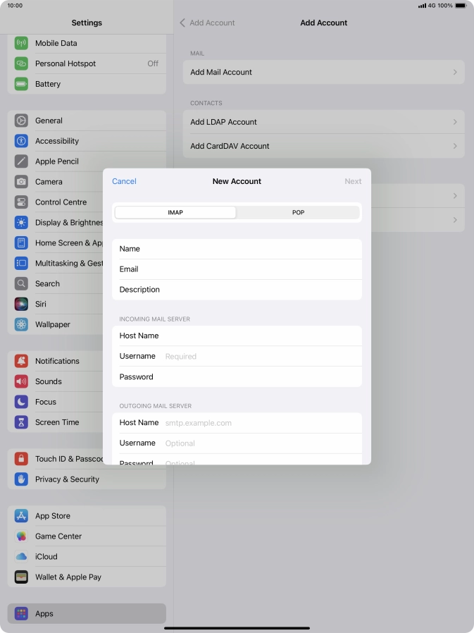 Press Username and key in the username for your email account.