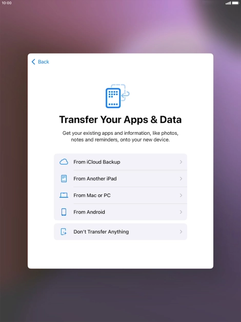 When this screen is displayed, your tablet is ready to restore content from an iCloud backup.