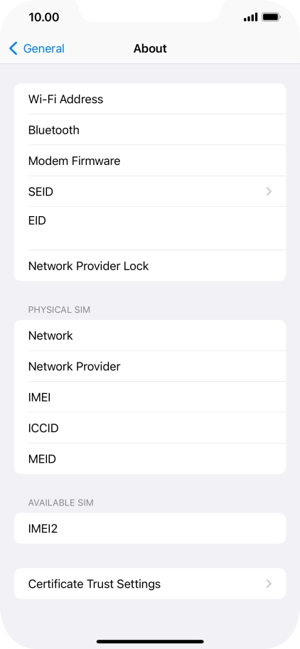 Your phone's EID number is displayed below EID.