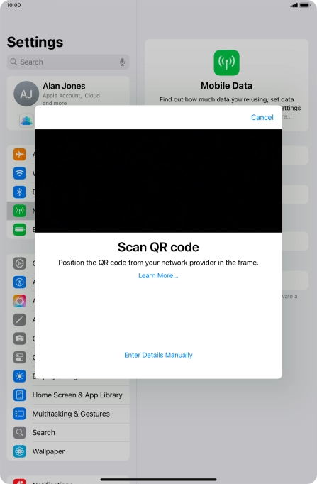 Place the QR code you've received inside the tablet camera frame to scan the code. Your eSIM is transferred to your new tablet over the internet.