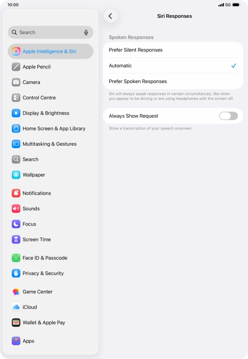 Press the required setting.