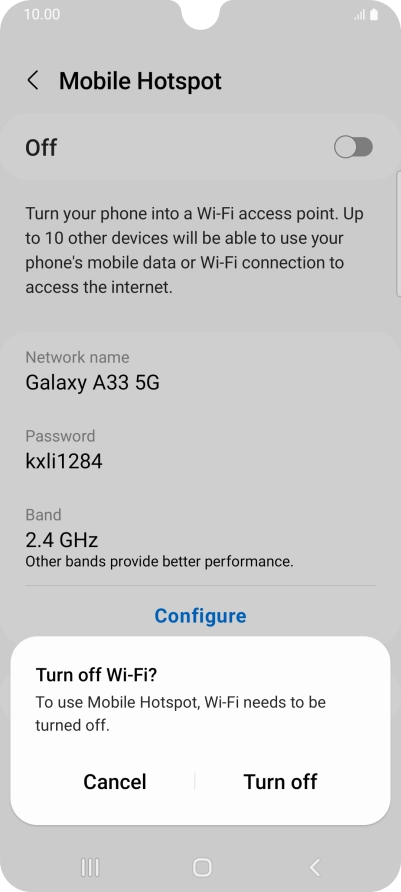 If Wi-Fi is turned on, press Turn off. If Wi-Fi is turned on, press Turn off.