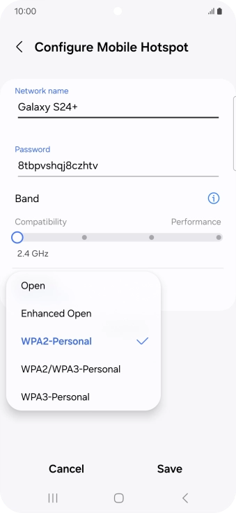 Press WPA3-Personal to password protect your Wi-Fi hotspot.