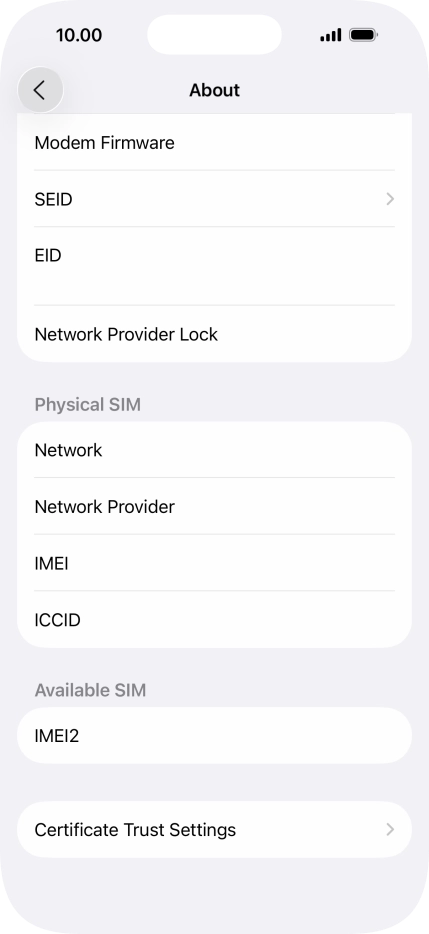 Your phone's EID number is displayed below EID.