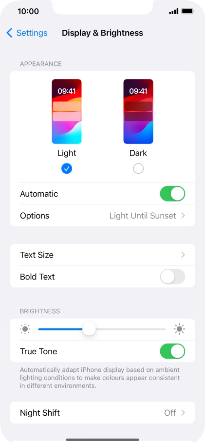 If you turn on the function, press Options and follow the instructions on the screen to select the required period of time for Dark Mode.