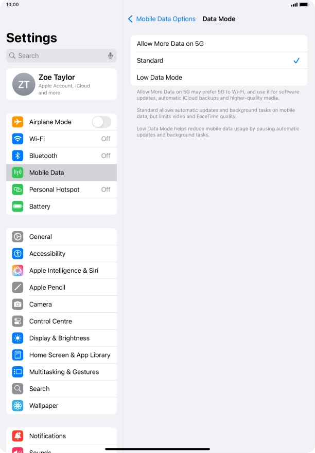 Press the required setting to turn the function on or off.