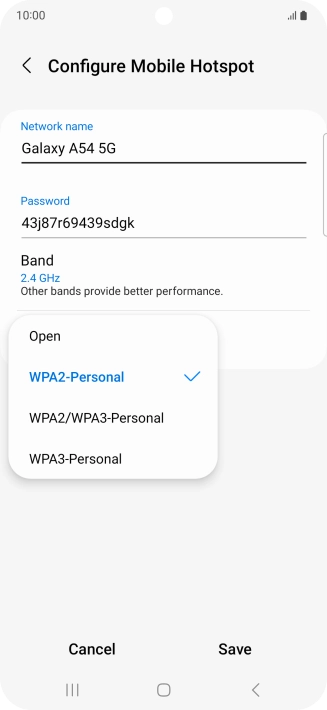 Press WPA3-Personal to password protect your Wi-Fi hotspot. Press WPA3-Personal to password protect your Wi-Fi hotspot.