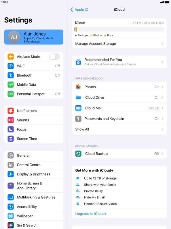 Press iCloud Backup.