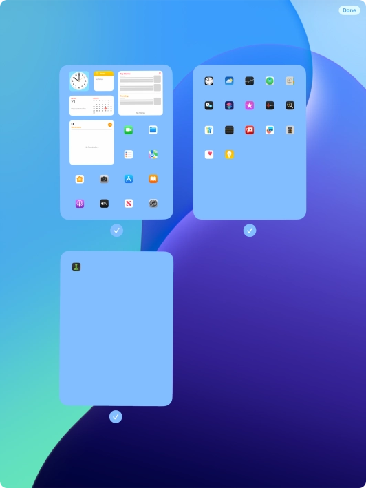 Press the field below the required home screen pages to select or deselect them. Press the field below the required home screen pages to select or deselect them.