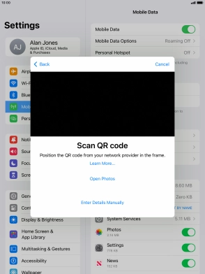 Place the QR code you've received inside the tablet camera frame to scan the code. If you’ve deleted your eSIM, you can re-add it using your existing QR code. If you’re having problems, see our FAQ.