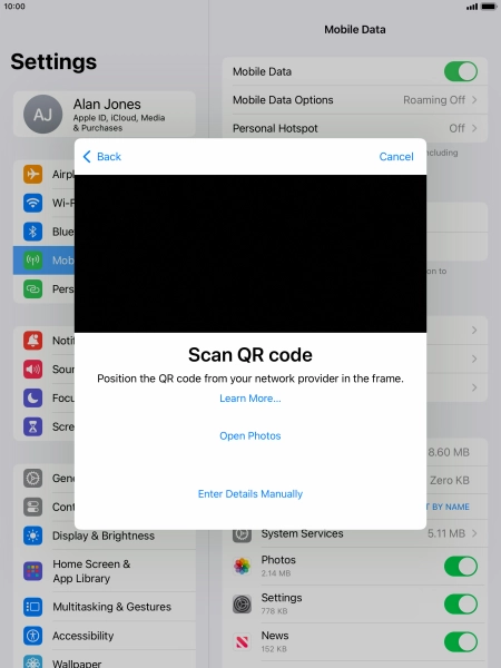 Place the QR code you've received inside the tablet camera frame to scan the code. If you’ve deleted your eSIM, you can re-add it using your existing QR code. If you’re having problems, see our FAQ.