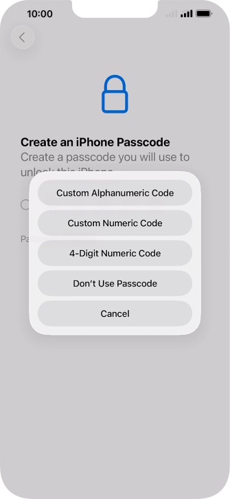 Follow the instructions on the screen to turn on use of phone lock code or press Don't Use Passcode.