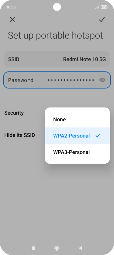 Press WPA3-Personal to password protect your Wi-Fi hotspot. Press WPA3-Personal to password protect your Wi-Fi hotspot.