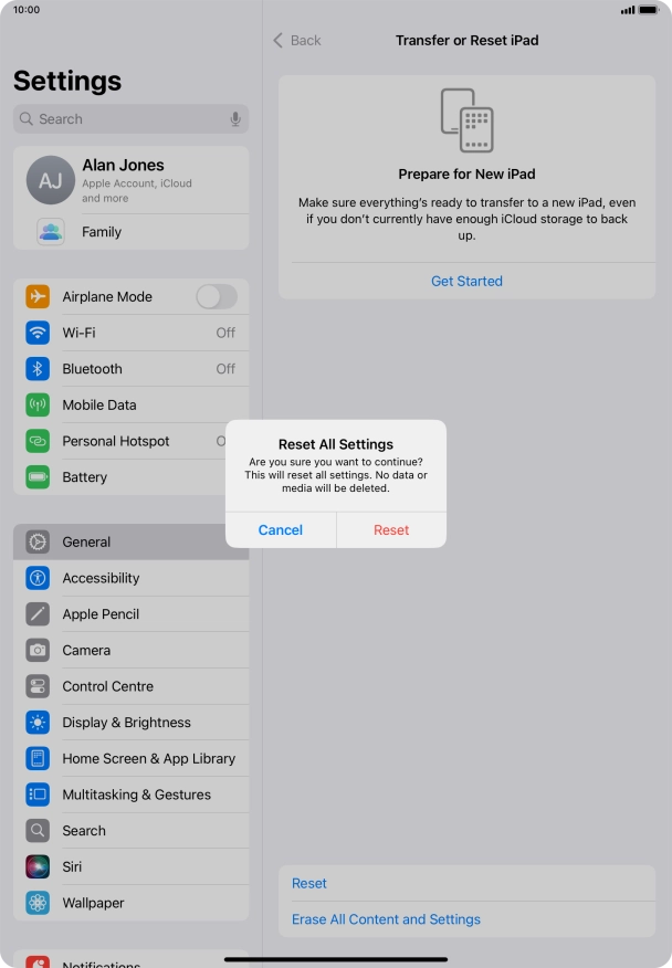 Press Reset. Wait a moment while the factory default settings are restored. Follow the instructions on the screen to set up your tablet and prepare it for use.