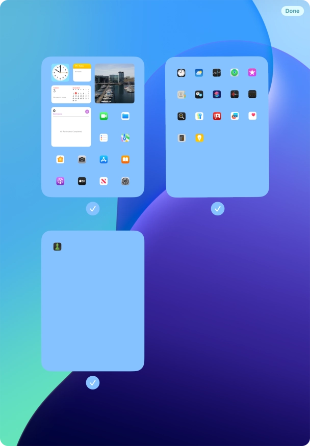 Press the field below the required home screen pages to select or deselect them. Press the field below the required home screen pages to select or deselect them.