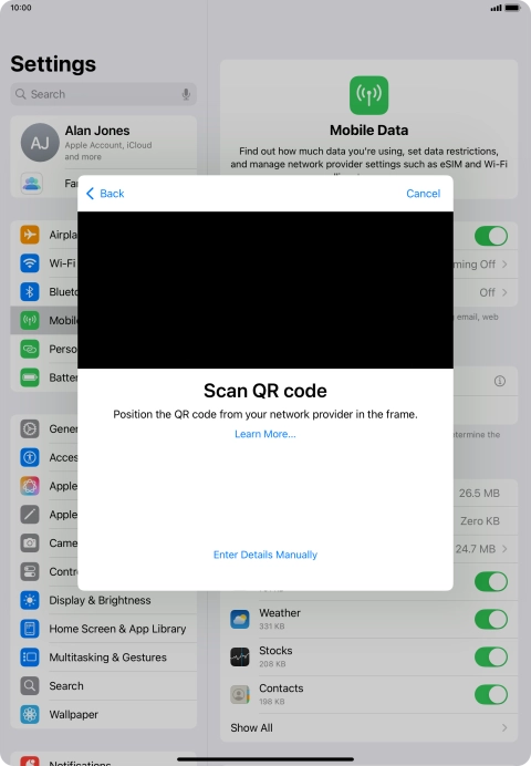 Place the QR code you've received inside the tablet camera frame to scan the code. Your eSIM is transferred to your new tablet over the internet.