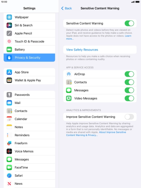 Press the indicators next to the required applications to turn the function on or off. Press the indicators next to the required applications to turn the function on or off.