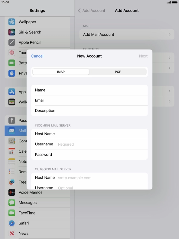 Press Username and key in the username for your email account. Press Username and key in the username for your email account.