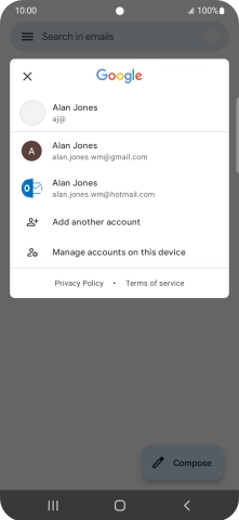 Press the required email account. Press the required email account.