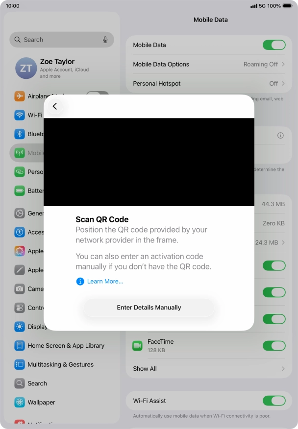 Place the QR code you've received inside the tablet camera frame to scan the code. Your eSIM is transferred to your new tablet over the internet.