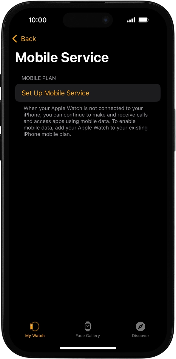 On your phone: If you've bought your Apple Watch elsewhere than from Vodafone, press Set Up Mobile Service and follow the instructions on the screen to set up mobile data.