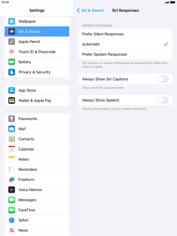Press the required setting.