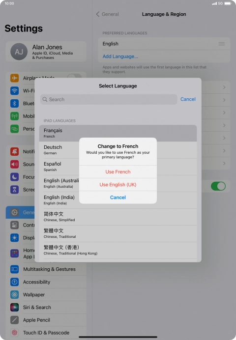 To select the new language as the default tablet language, press Use ‹language›. To select the new language as the default tablet language, press Use ‹language›.