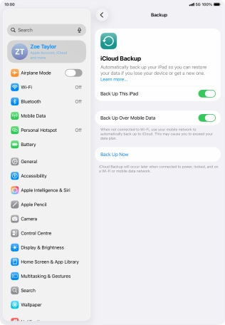 Press Back Up Now and wait while the tablet memory is backed up.