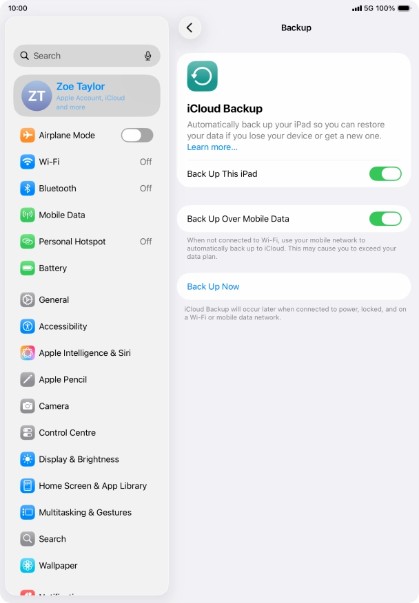 Press Back Up Now and wait while the tablet memory is backed up.