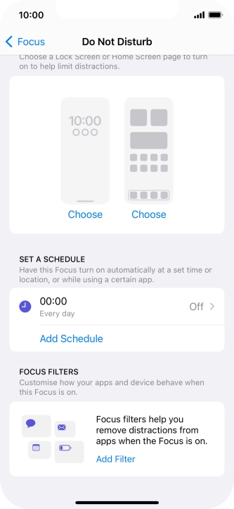 Press Add Schedule and follow the instructions on the screen to select settings for automatic activation of Do Not Disturb. Press Add Schedule and follow the instructions on the screen to select settings for automatic activation of Do Not Disturb.