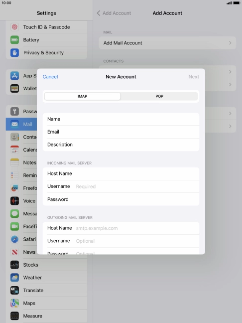 Press Username and key in the username for your email account.