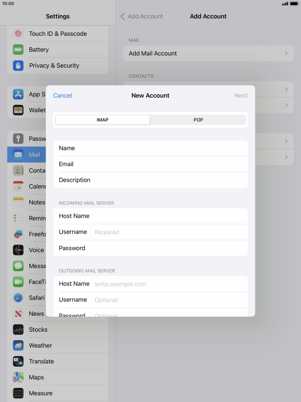 Press Username and key in the username for your email account.