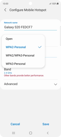 Press WPA3-Personal to password protect your Wi-Fi hotspot. Press WPA3-Personal to password protect your Wi-Fi hotspot.