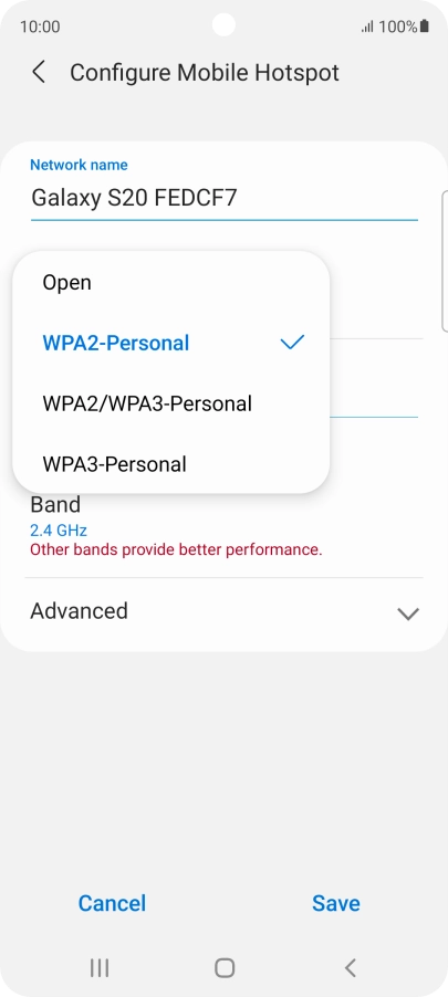 Press WPA3-Personal to password protect your Wi-Fi hotspot. Press WPA3-Personal to password protect your Wi-Fi hotspot.