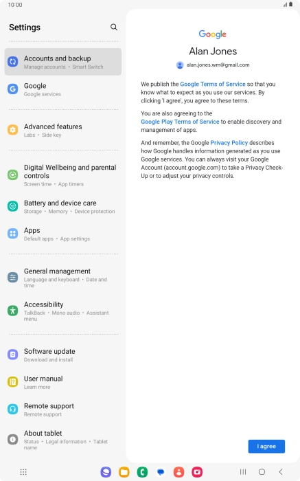 Press I agree and follow the instructions on the screen to select settings for your Google account.