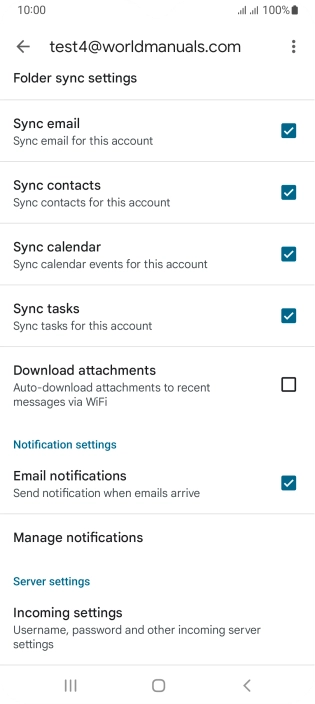 Press the fields next to the required data types to turn synchronisation on or off. Press the fields next to the required data types to turn synchronisation on or off.