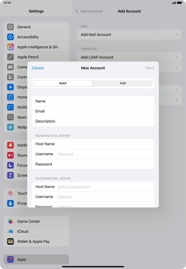 Press Username and key in the username for your email account.