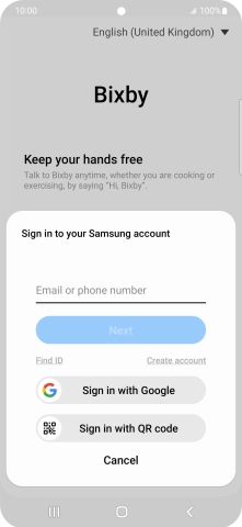 If you don't have a Samsung account, press Create account and follow the instructions on the screen to create an account. If you don't have a Samsung account, press Create account and follow the instructions on the screen to create an account.