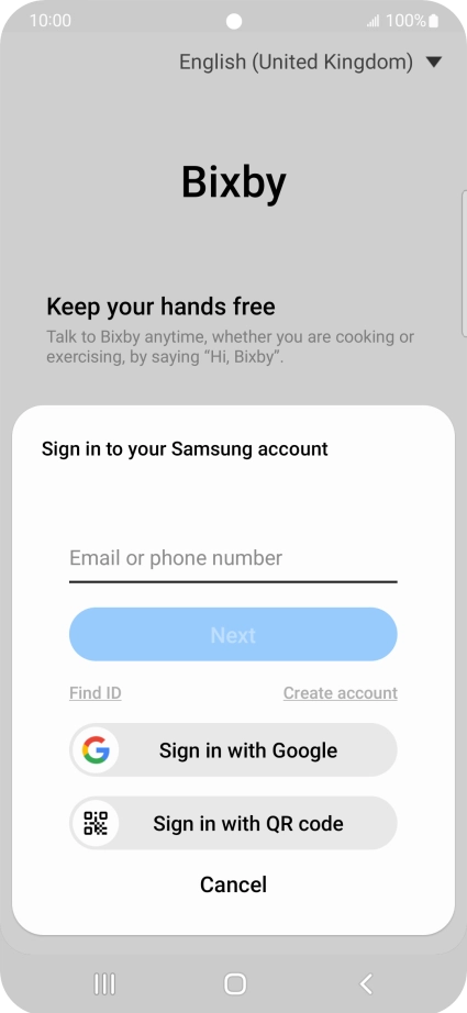 If you don't have a Samsung account, press Create account and follow the instructions on the screen to create an account. If you don't have a Samsung account, press Create account and follow the instructions on the screen to create an account.