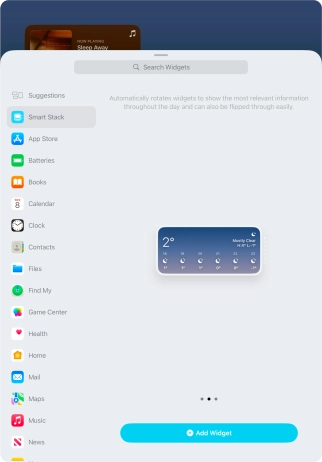 Slide your finger right or left on the screen to select the required widget size.