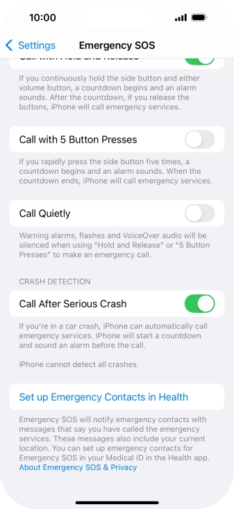 Press Set up Emergency Contacts in Health and follow the instructions on the screen to key in your emergency info and emergency contacts.