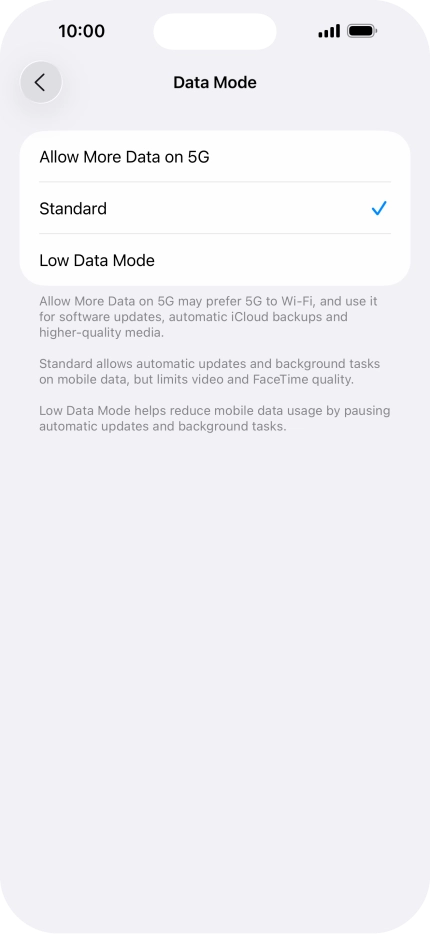 Press the required setting. Press the required setting.