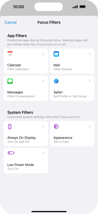 To see specific calendars in the selected focus mode, press Calendar and follow the instructions on the screen to select the required calendars.