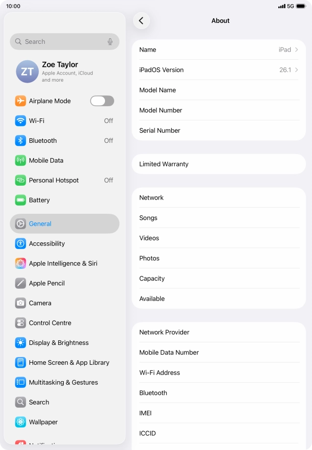 Your tablet's software version is displayed next to iPadOS Version. Your tablet's software version is displayed next to iPadOS Version.