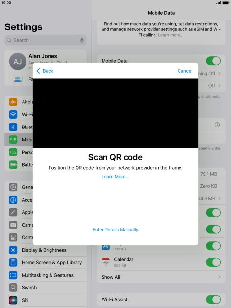 Place the QR code you've received inside the tablet camera frame to scan the code. If you’ve deleted your eSIM, you can re-add it using your existing QR code. If you’re having problems, see our FAQ.