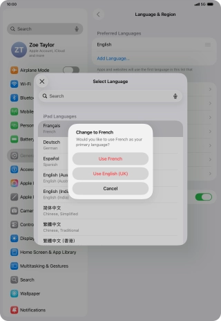 To select the new language as the default tablet language, press Use ‹language›.