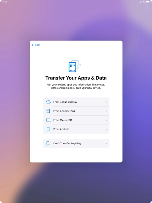 You can transfer the contents of an Android device to your tablet when it's activated for the first time and after a factory reset. When this screen is displayed, your tablet is ready to transfer content from an Android device. You can transfer the contents of an Android device to your tablet when it's activated for the first time and after a factory reset. When this screen is displayed, your tablet is ready to transfer content from an Android device.
