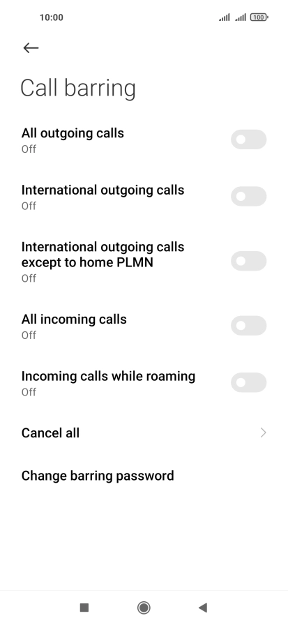 Press the indicator next to the required barring type to turn the function on or off.
