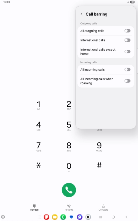 Press the indicator next to the required barring type to turn the function on or off. Press the indicator next to the required barring type to turn the function on or off.