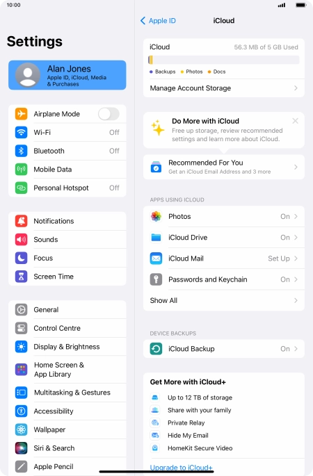 Press iCloud Backup.